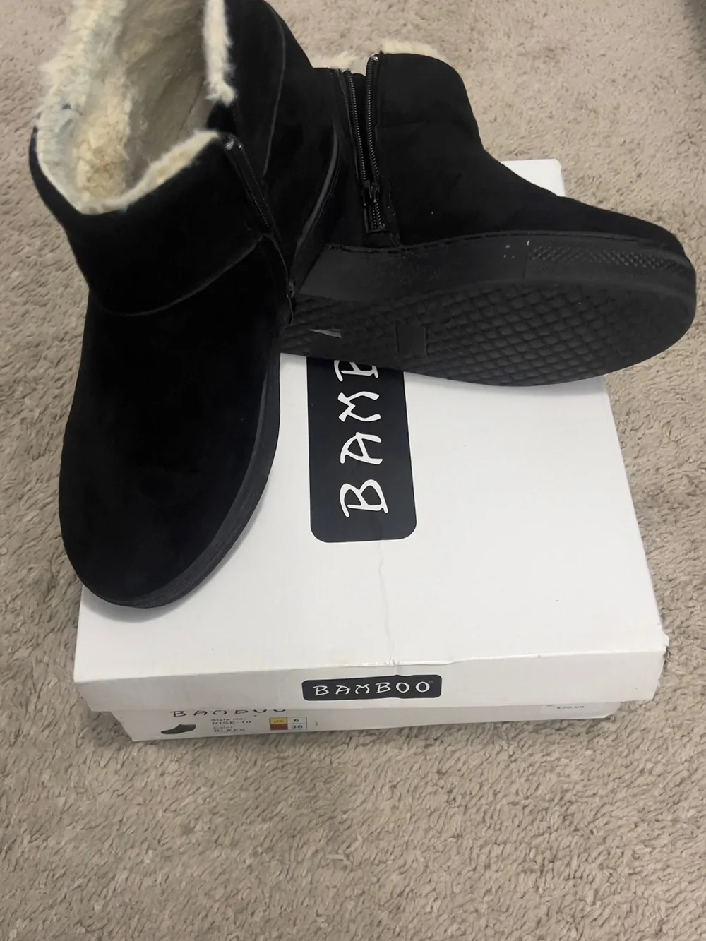 BAMBOO woman’s Black Faux-Suede Ankle Boots with Shearling Collar